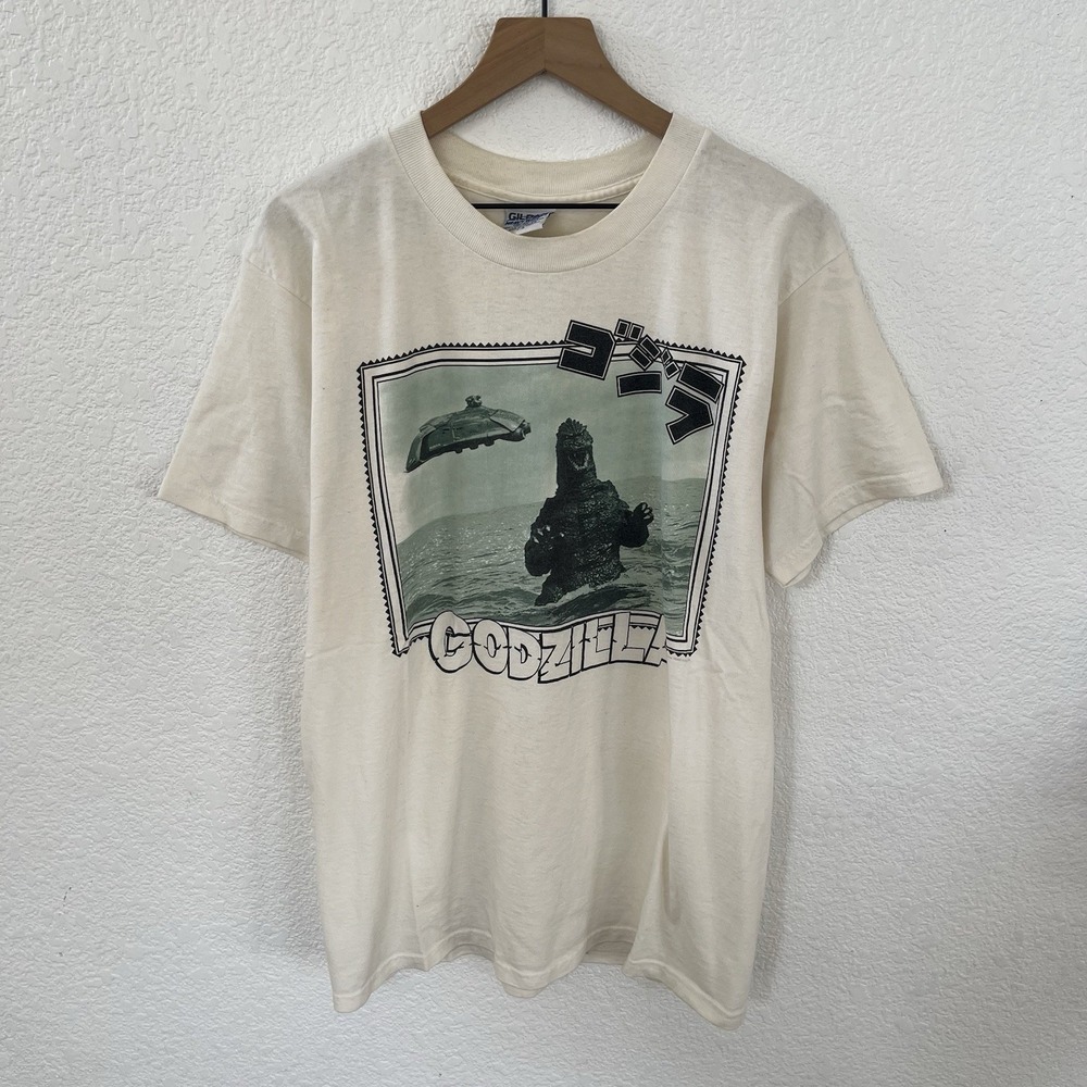 Vintage Godzilla Movie Japanese Postcards T-shirt Mens Size Large White Rare 90s